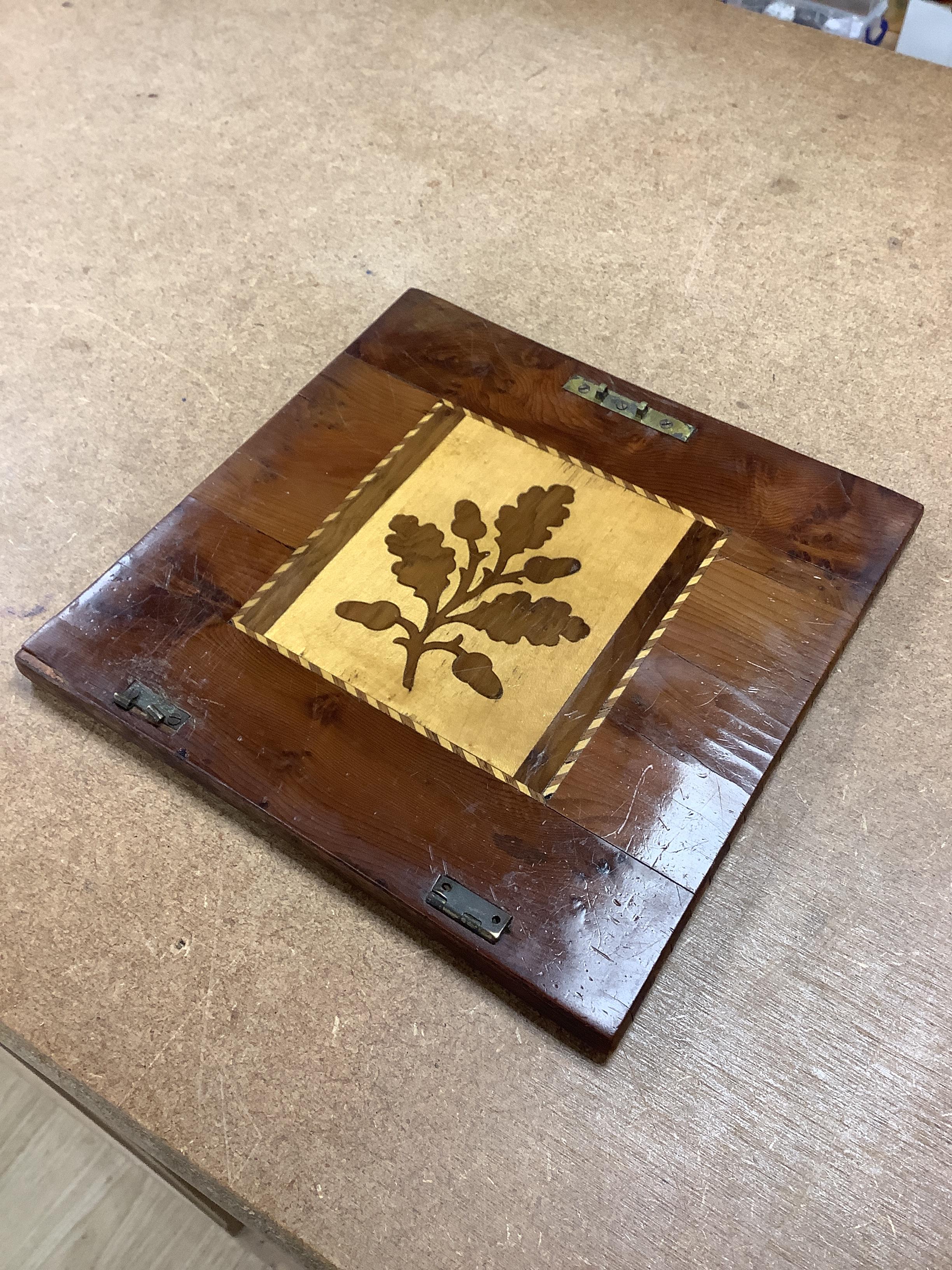 A 19th century Killarney Arbutus wood and marquetry inlaid box, decorated with Muckross Abbey, 21.5cm
